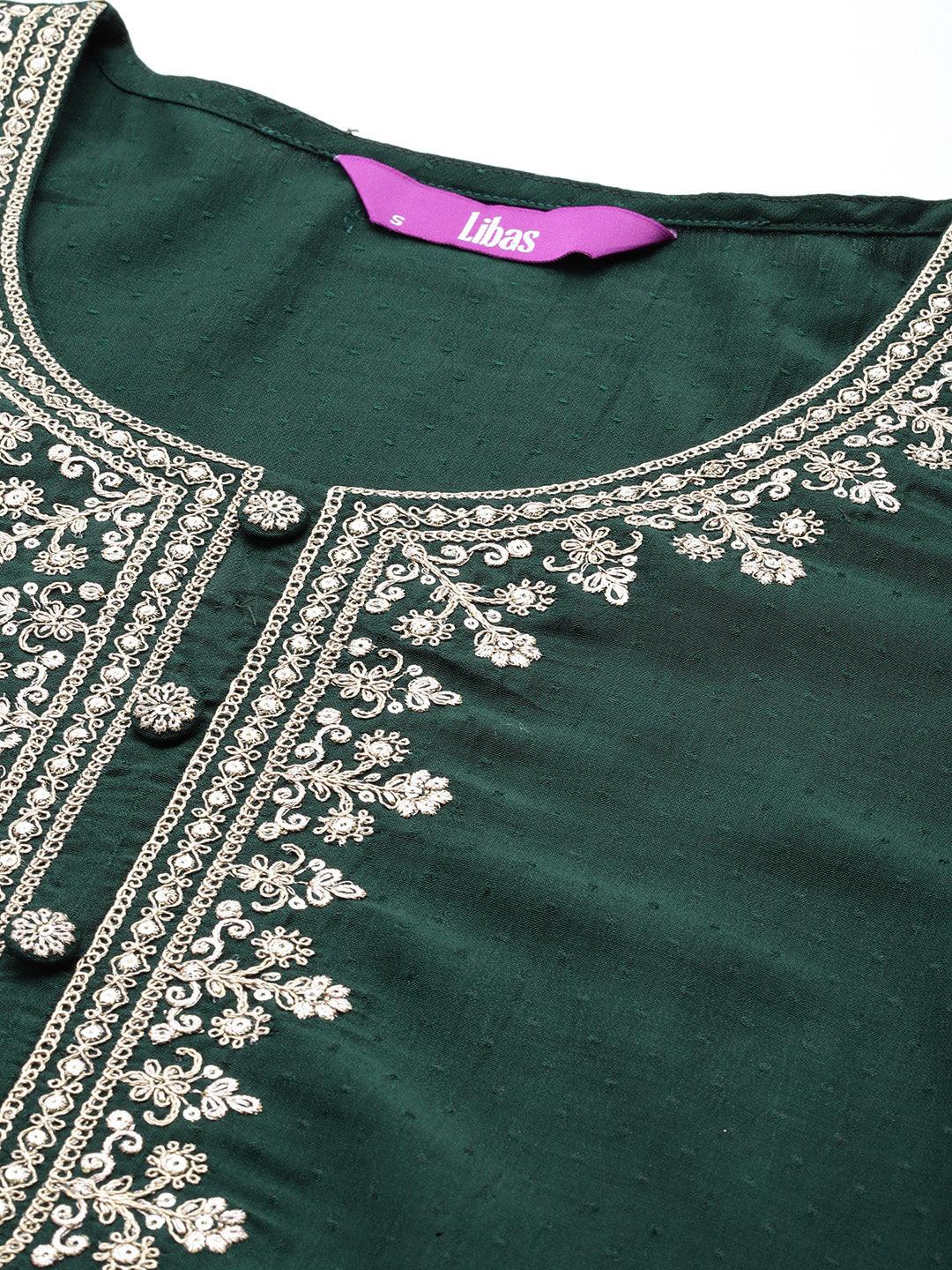 Green Yoke Design Silk Blend A-Line Kurta With Palazzos & Dupatta - Libas