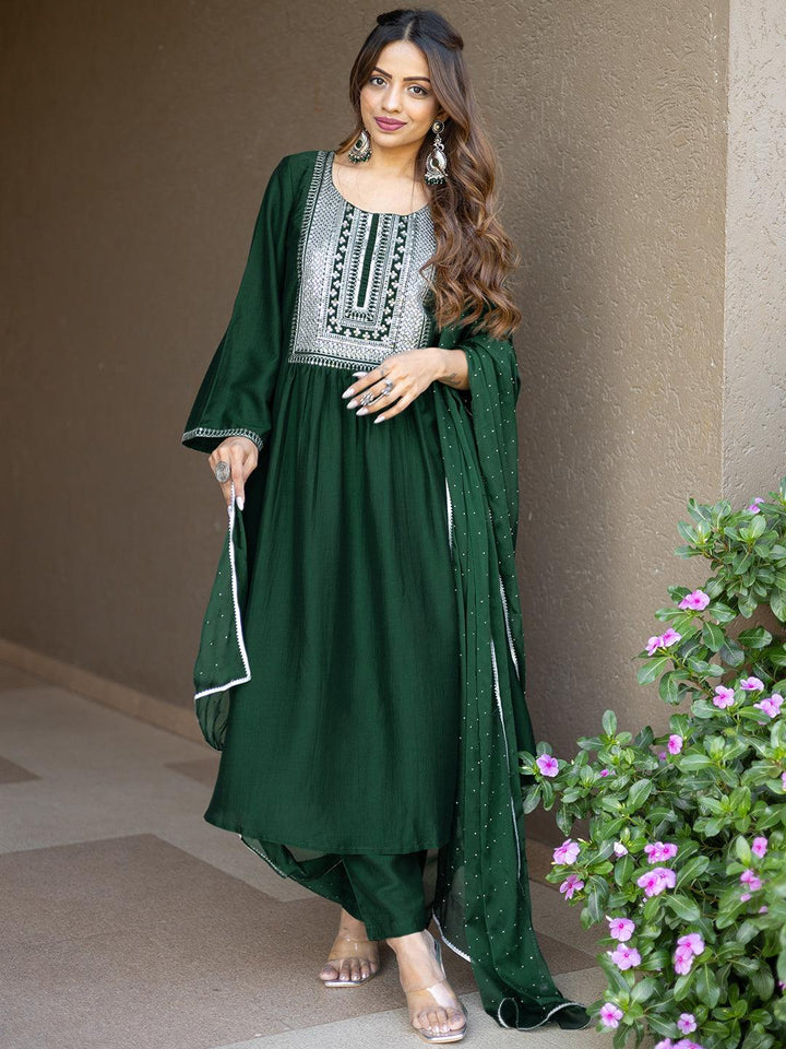 Green Yoke Design Silk Blend A-Line Kurta With Trousers & Dupatta - Libas