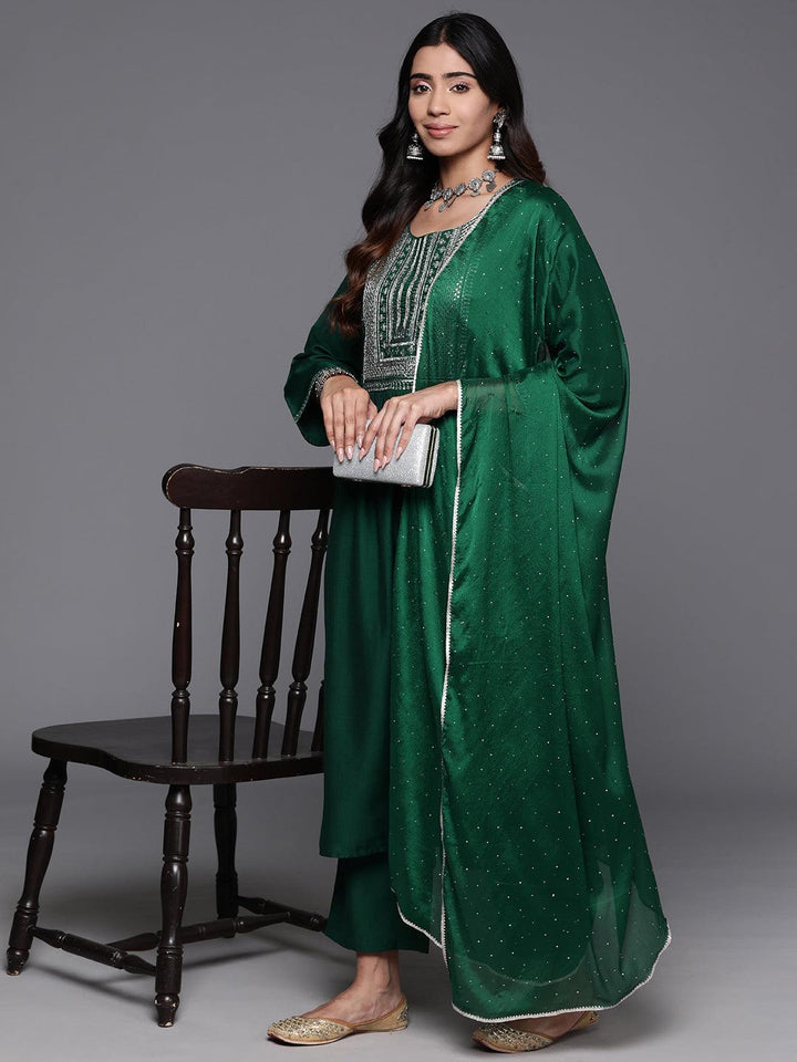 Green Yoke Design Silk Blend A-Line Kurta With Trousers & Dupatta - Libas