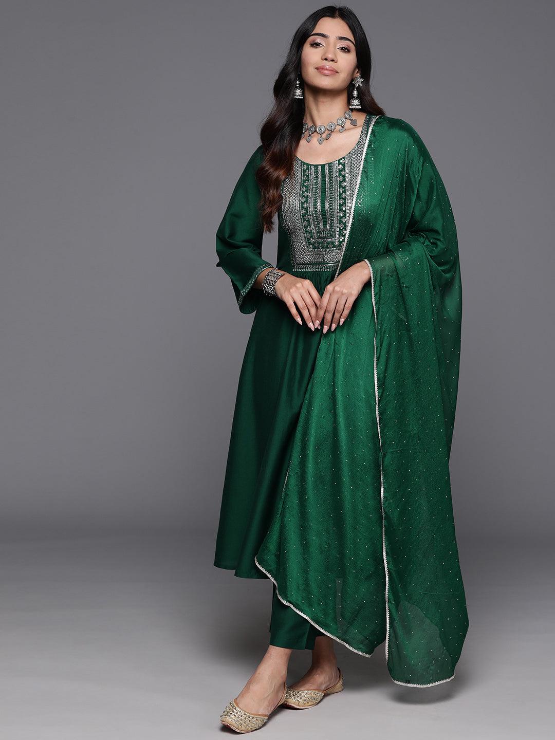 Green Yoke Design Silk Blend A-Line Kurta With Trousers & Dupatta - Libas