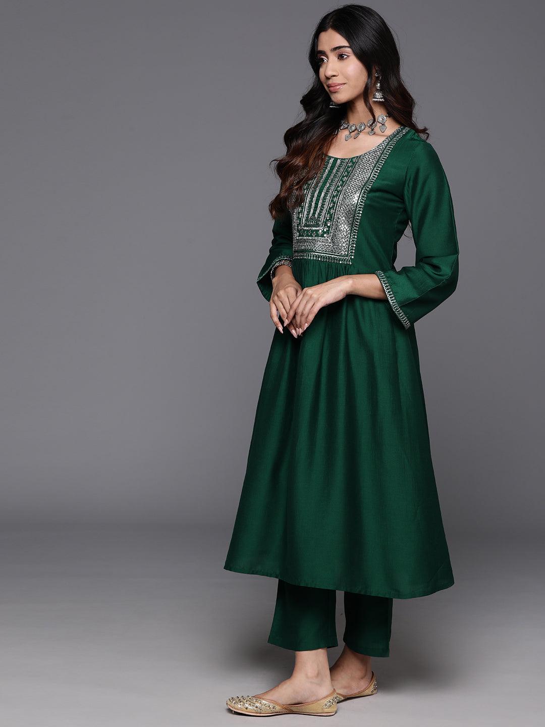 Green Yoke Design Silk Blend A-Line Kurta With Trousers & Dupatta - Libas