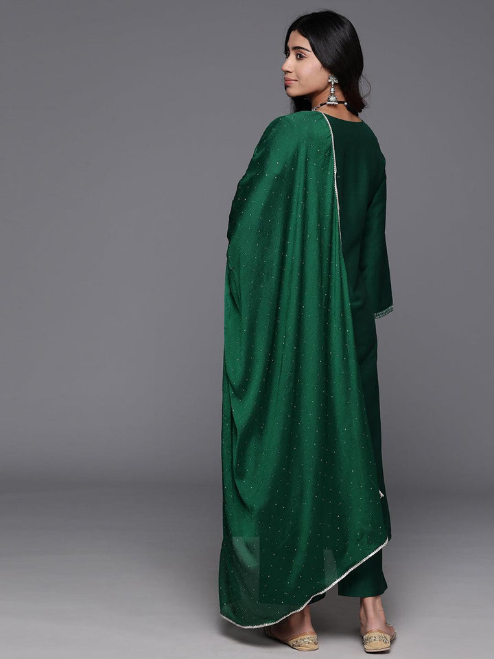 Green Yoke Design Silk Blend A-Line Kurta With Trousers & Dupatta - Libas