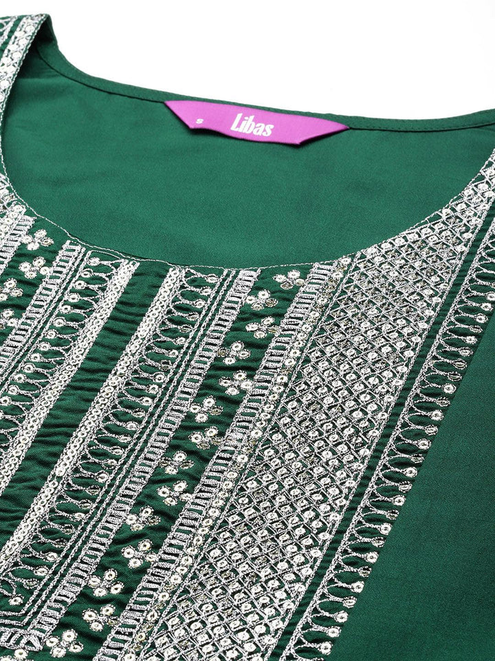 Green Yoke Design Silk Blend A-Line Kurta With Trousers & Dupatta - Libas