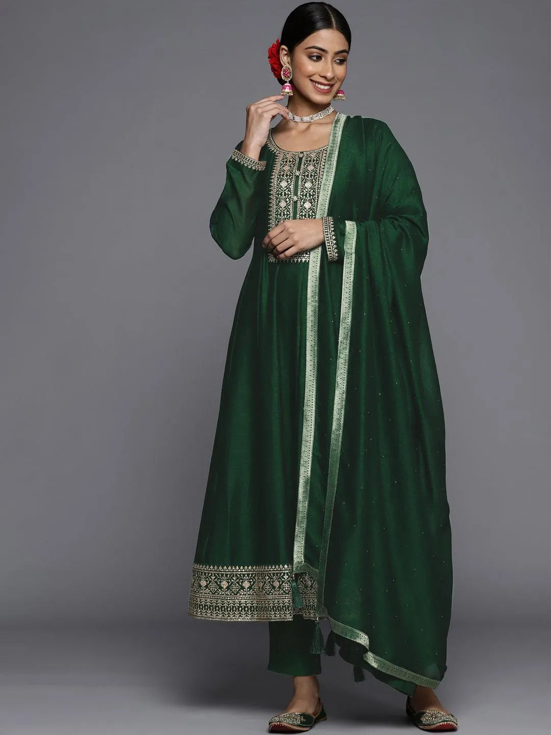 Green Yoke Design Silk Blend Straight Suit Set - Libas 