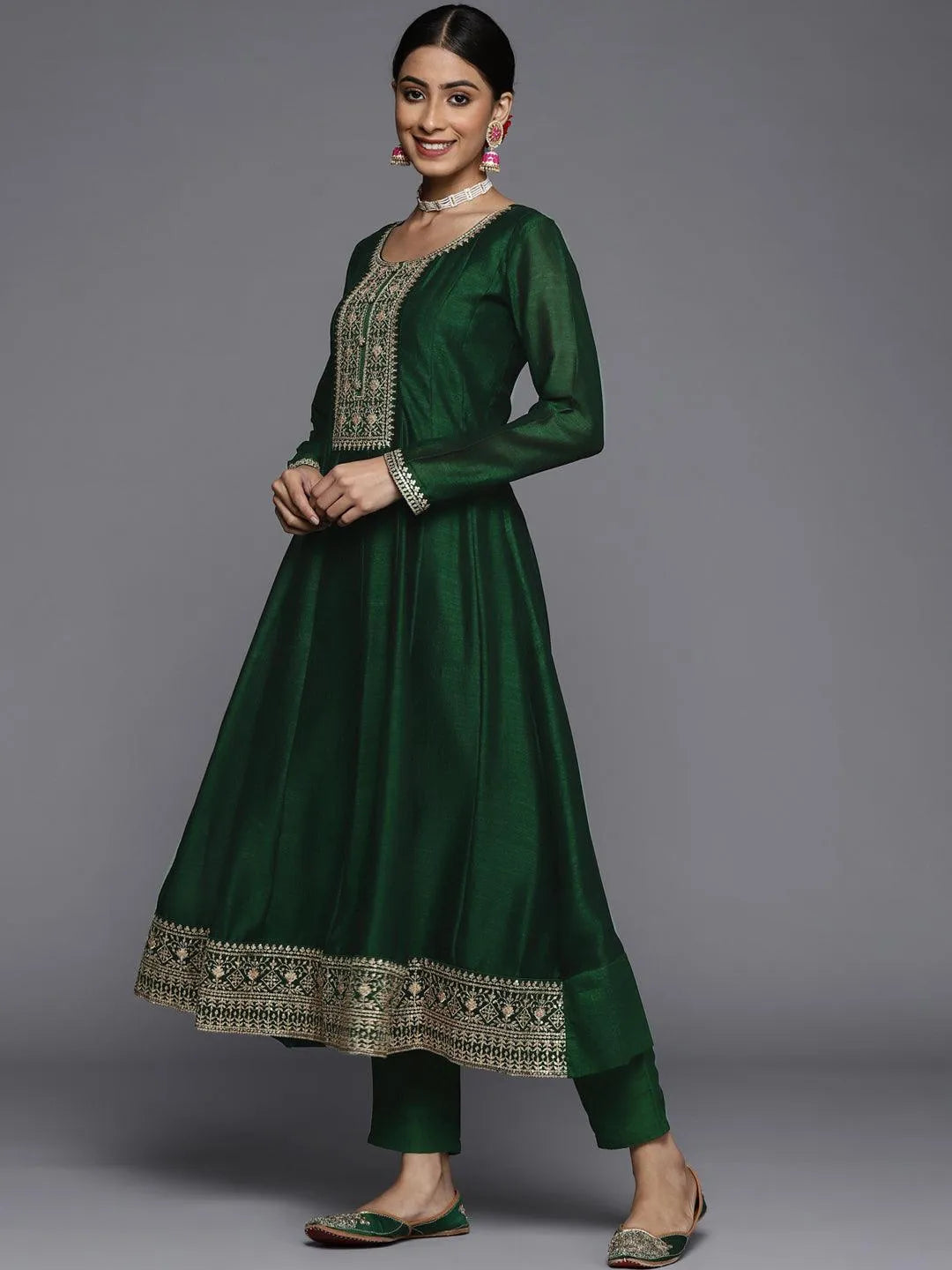 Green Yoke Design Silk Blend Straight Suit Set - Libas 