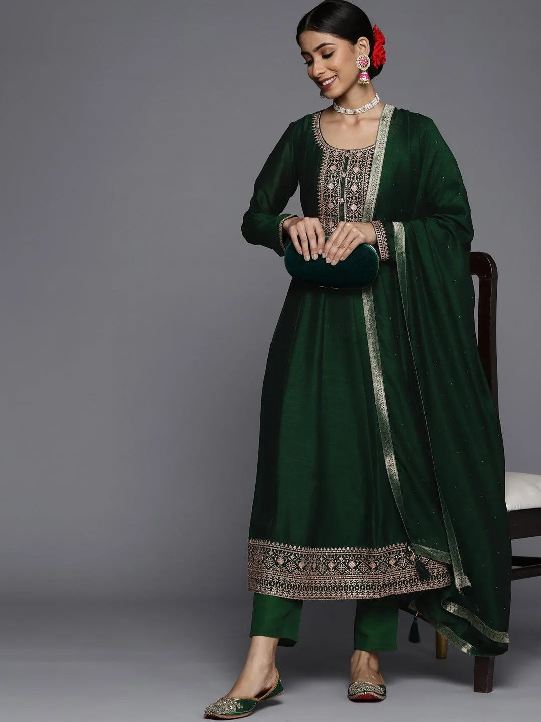 Green Yoke Design Silk Blend Straight Suit Set - Libas