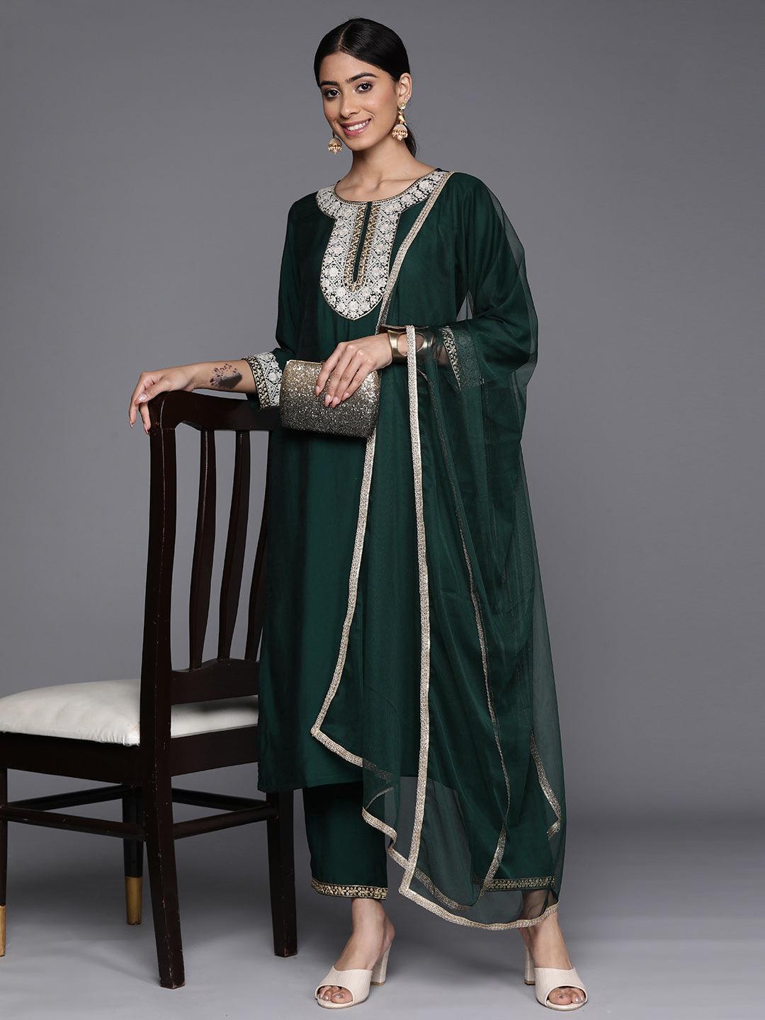 Green Embroidered Silk Blend Suit Set With Trousers - Libas