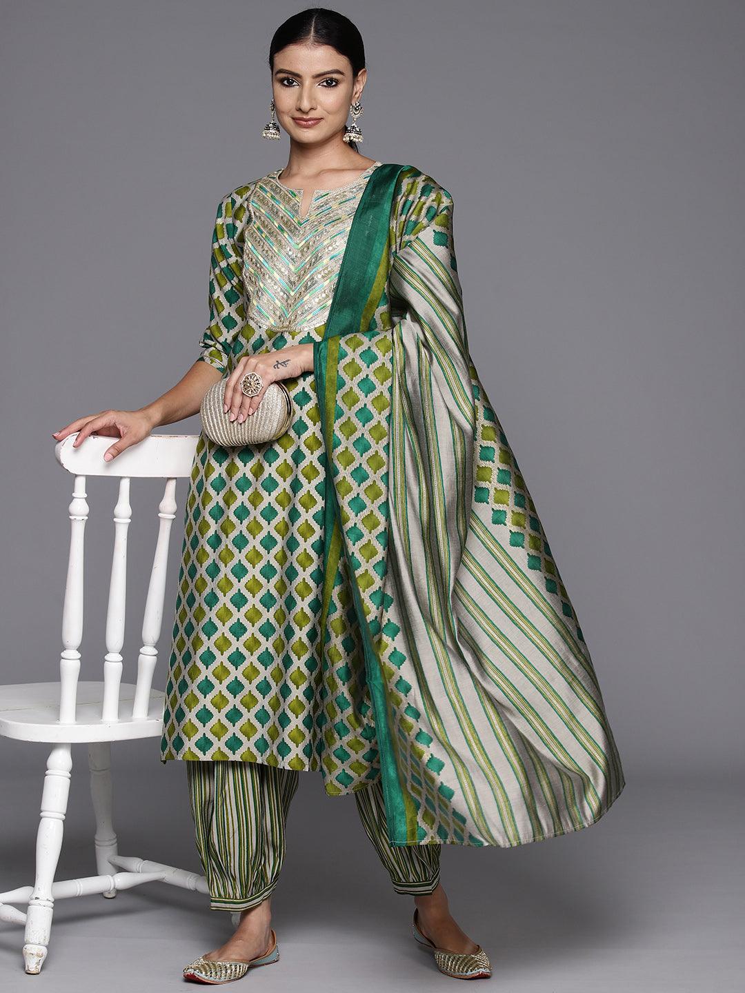 Green Yoke Design Silk Blend Straight Kurta With Salwar & Dupatta - Libas 