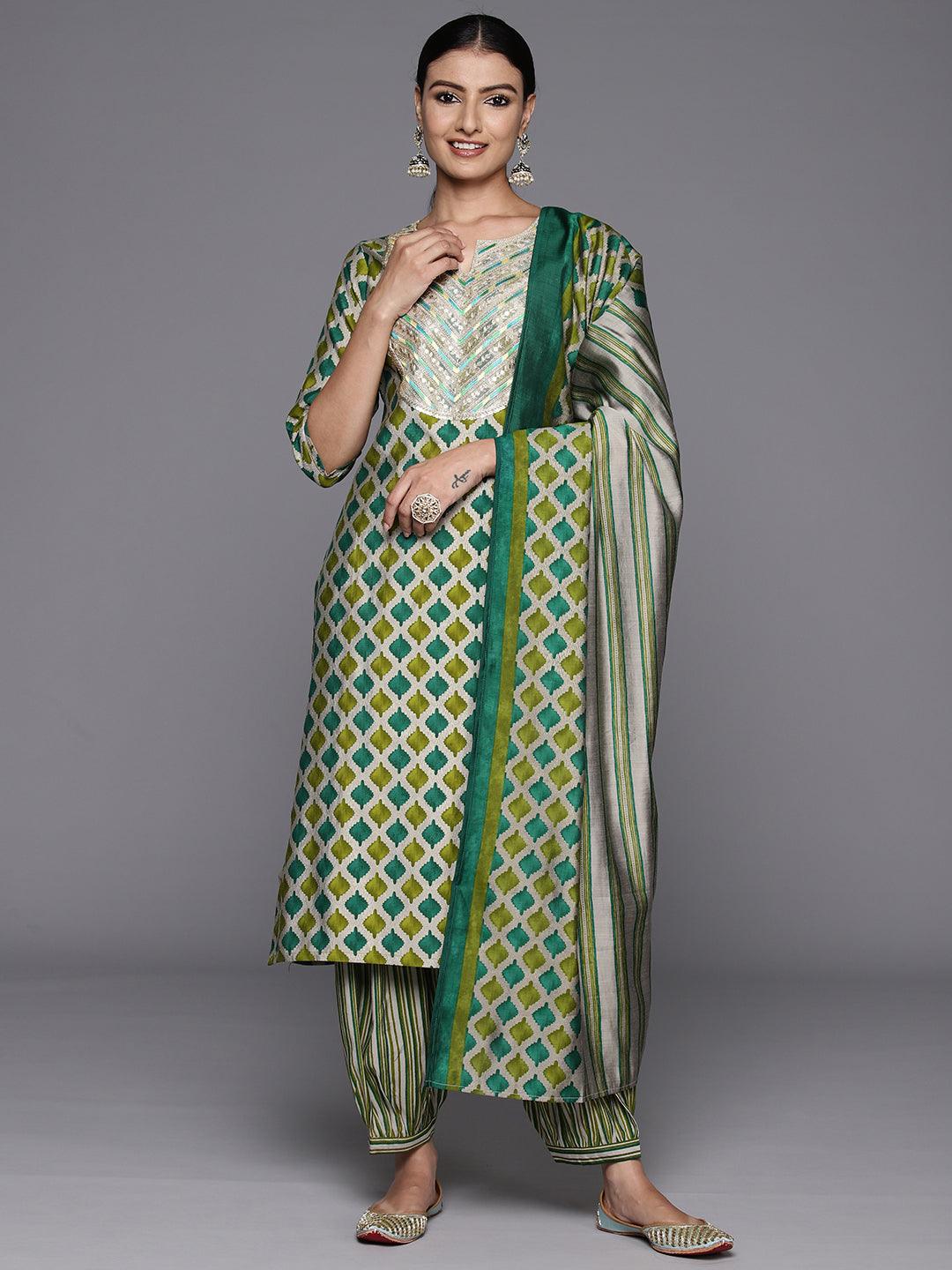 Green Yoke Design Silk Blend Straight Kurta With Salwar & Dupatta - Libas 