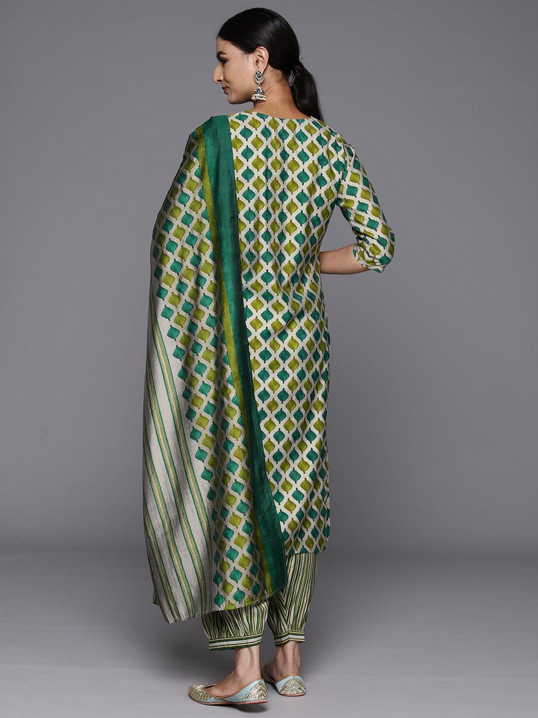 Green Yoke Design Silk Blend Straight Kurta With Salwar & Dupatta - Libas 