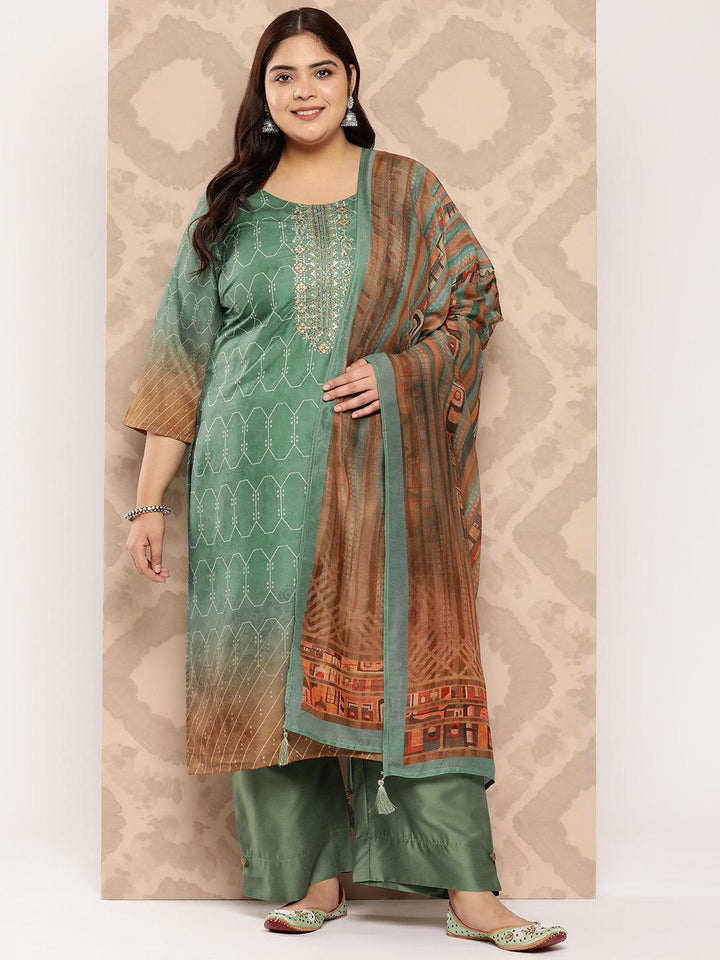 Green Yoke Design Silk Blend Straight Kurta With Trousers and Dupatta - Libas