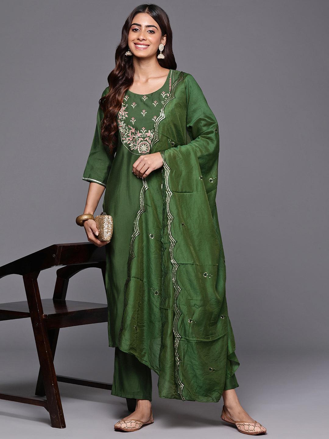 Green Yoke Design Silk Blend Straight Kurta With Trousers & Dupatta - Libas 