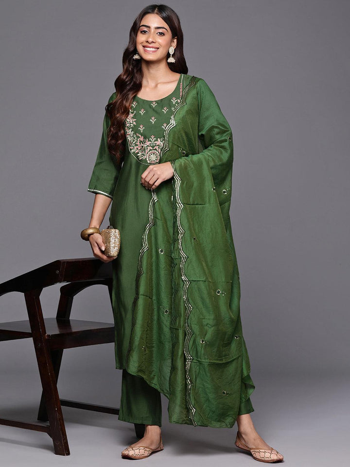 Green Yoke Design Silk Blend Straight Kurta With Trousers & Dupatta - Libas