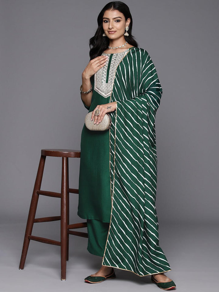 Green Yoke Design Silk Blend Straight Kurta With Trousers & Dupatta - Libas