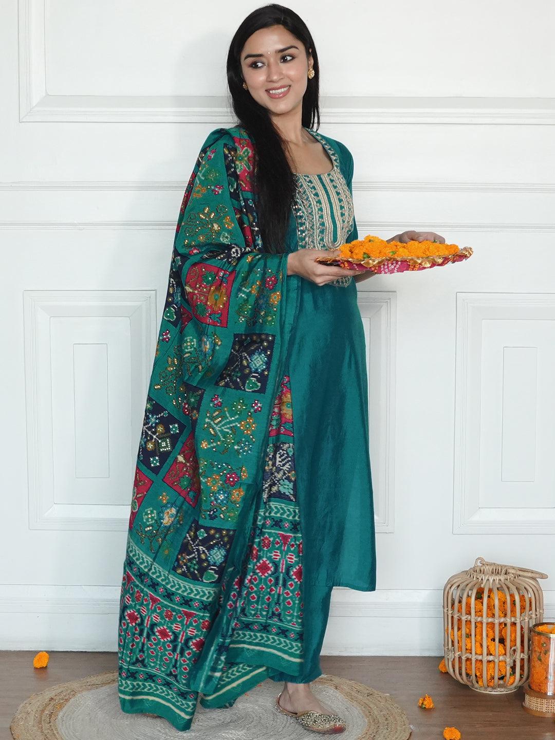 Green Yoke Design Silk Blend Straight Kurta With Trousers & Dupatta - Libas