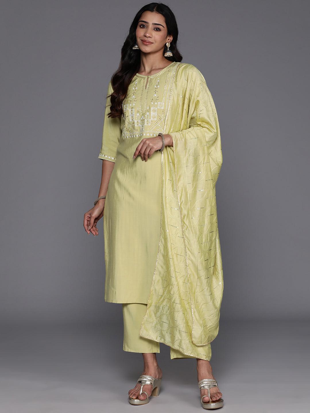 Green Yoke Design Silk Blend Straight Kurta With Trousers & Dupatta - Libas