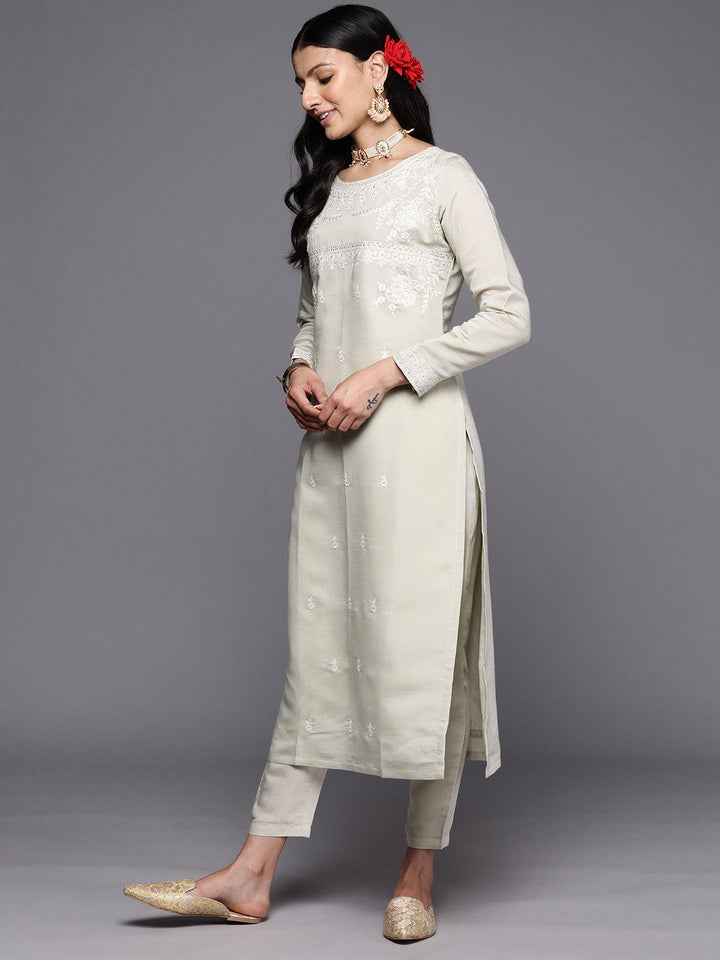 Green Yoke Design Silk Blend Straight Suit Set With Trousers - Libas