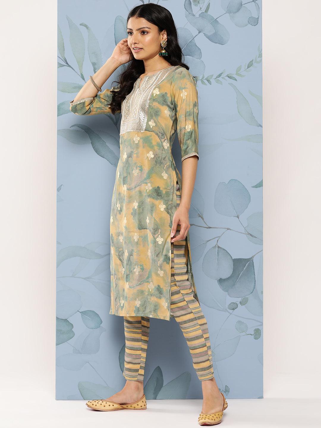 Green Yoke Design Silk Blend Straight Suit Set With Trousers - Libas