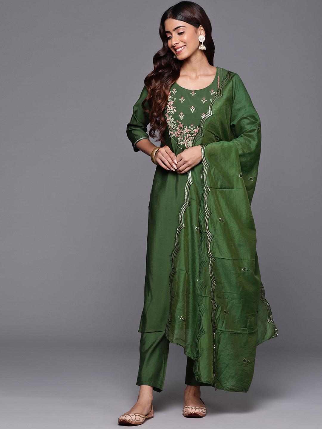 Green Yoke Design Silk Blend Straight Kurta With Trousers & Dupatta - Libas 