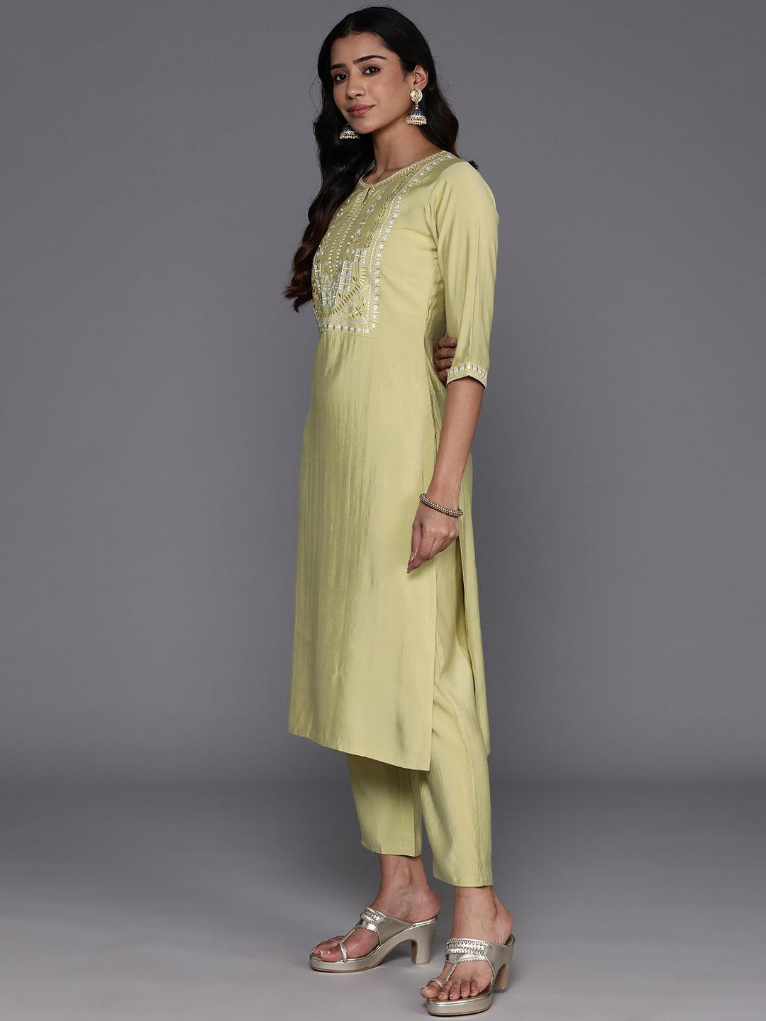 Green Yoke Design Silk Blend Straight Kurta With Trousers & Dupatta - Libas