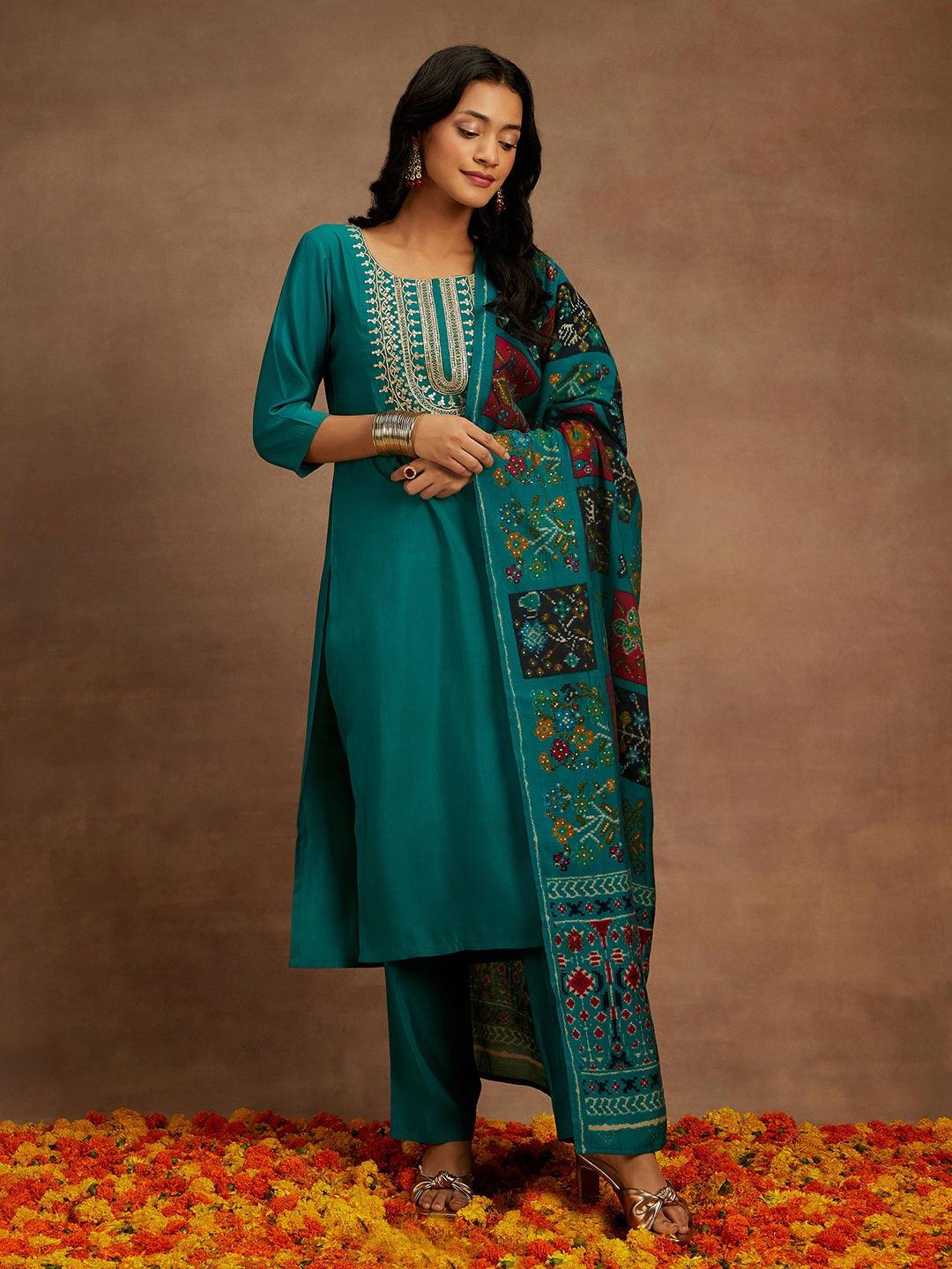 Green Yoke Design Silk Blend Straight Kurta With Trousers & Dupatta - Libas