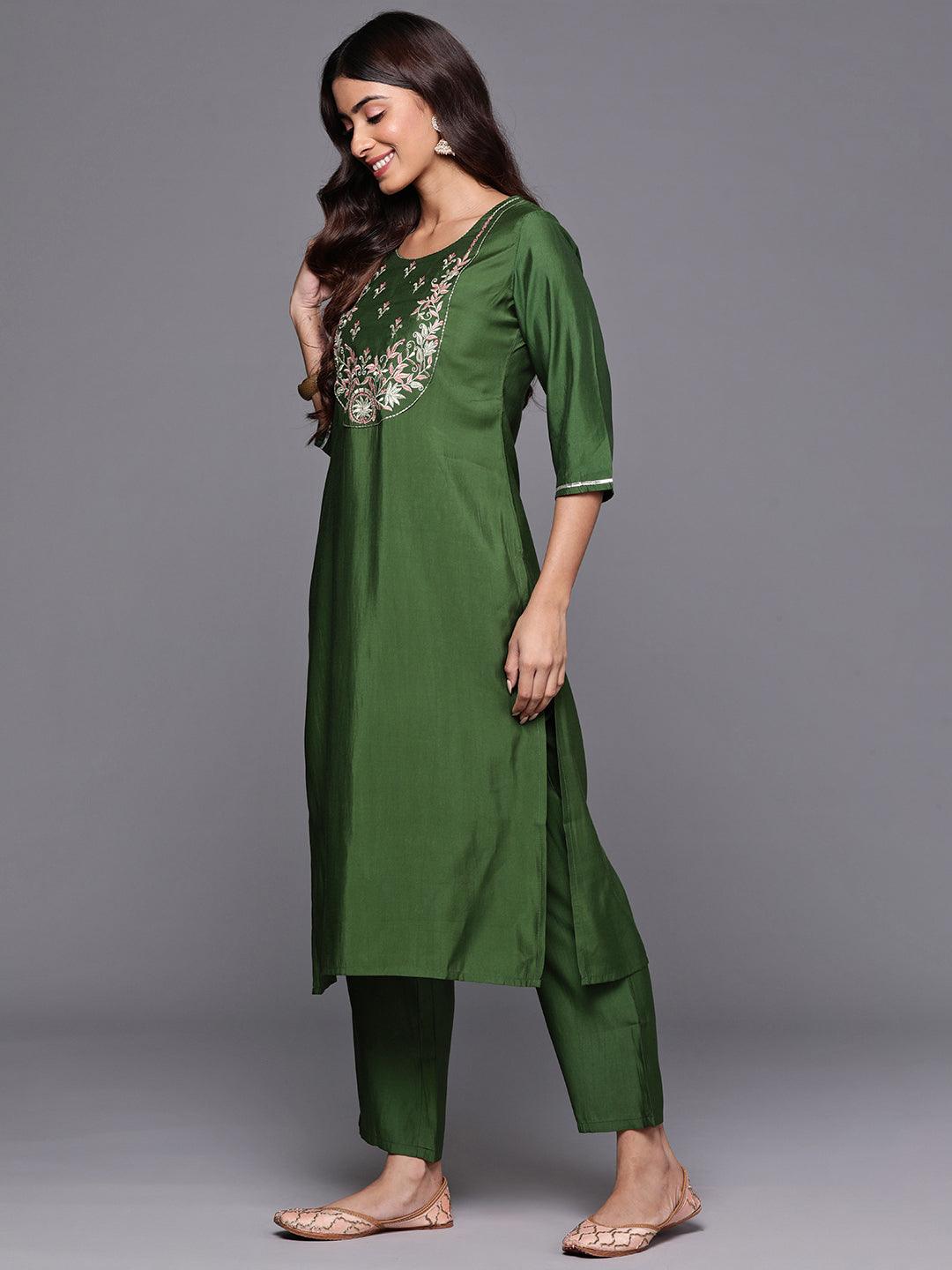 Green Yoke Design Silk Blend Straight Kurta With Trousers & Dupatta - Libas 