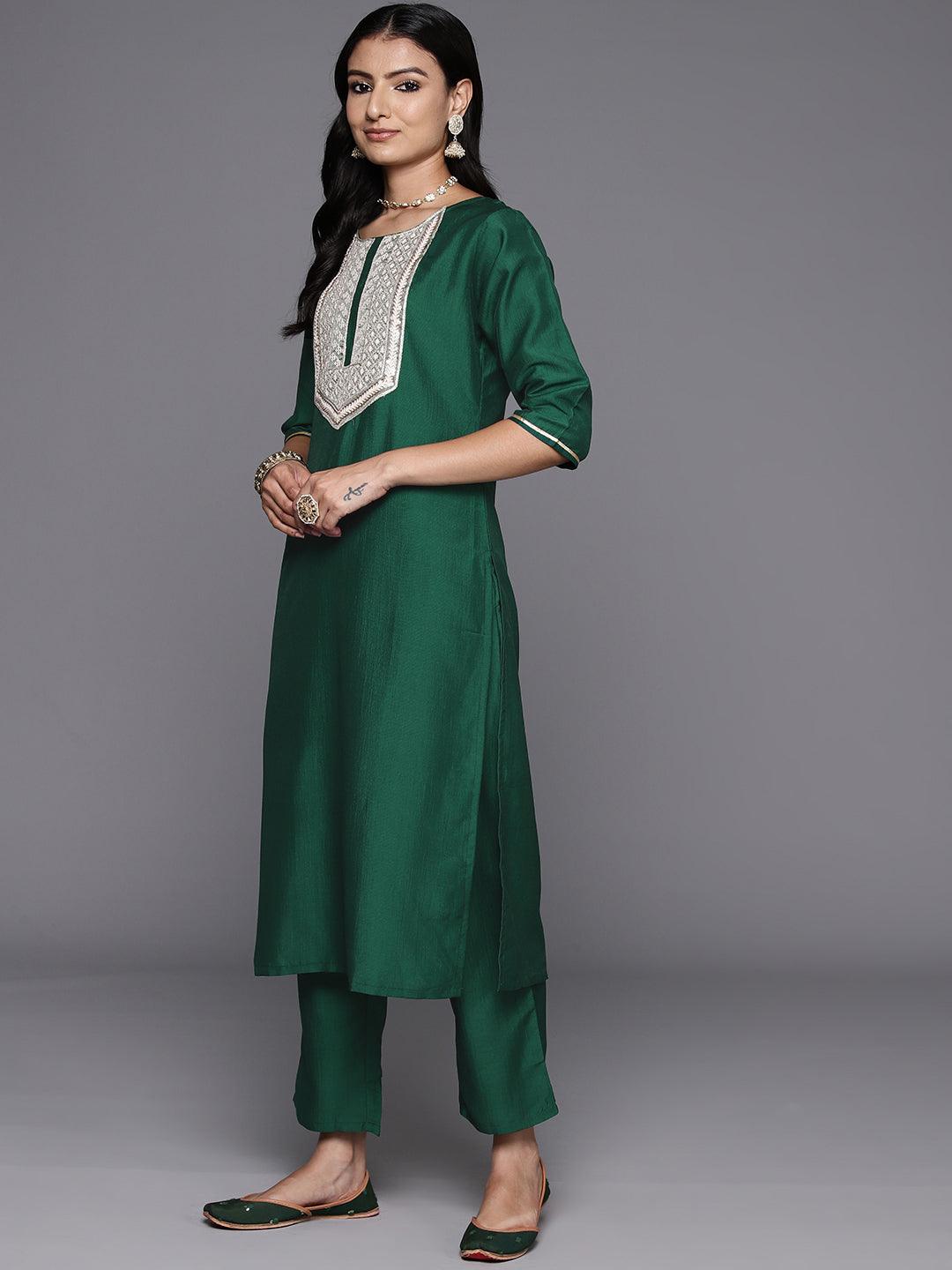 Green Yoke Design Silk Blend Straight Kurta With Trousers & Dupatta - Libas