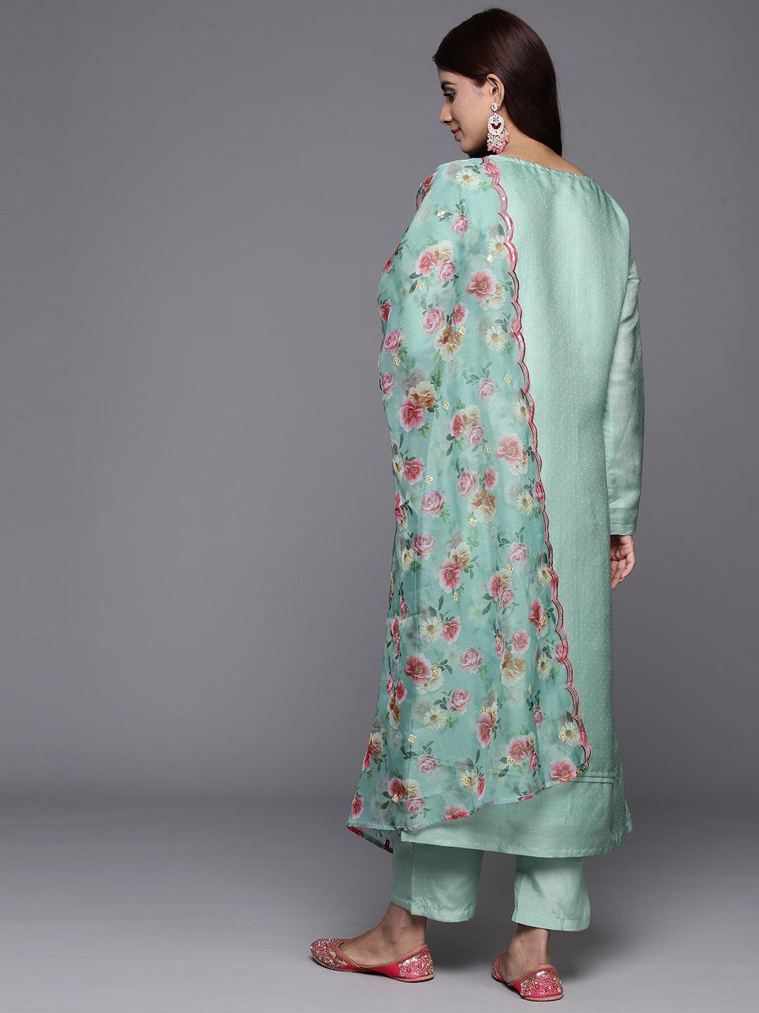 Green Yoke Design Silk Blend Straight Kurta With Trousers & Dupatta