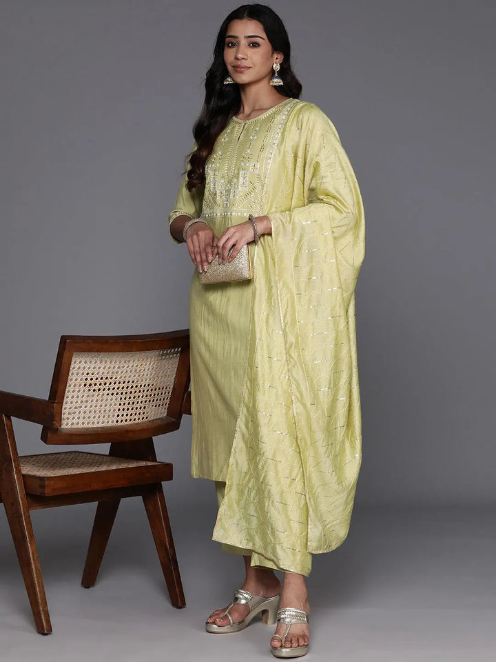 Green Yoke Design Silk Blend Straight Kurta With Trousers & Dupatta - Libas