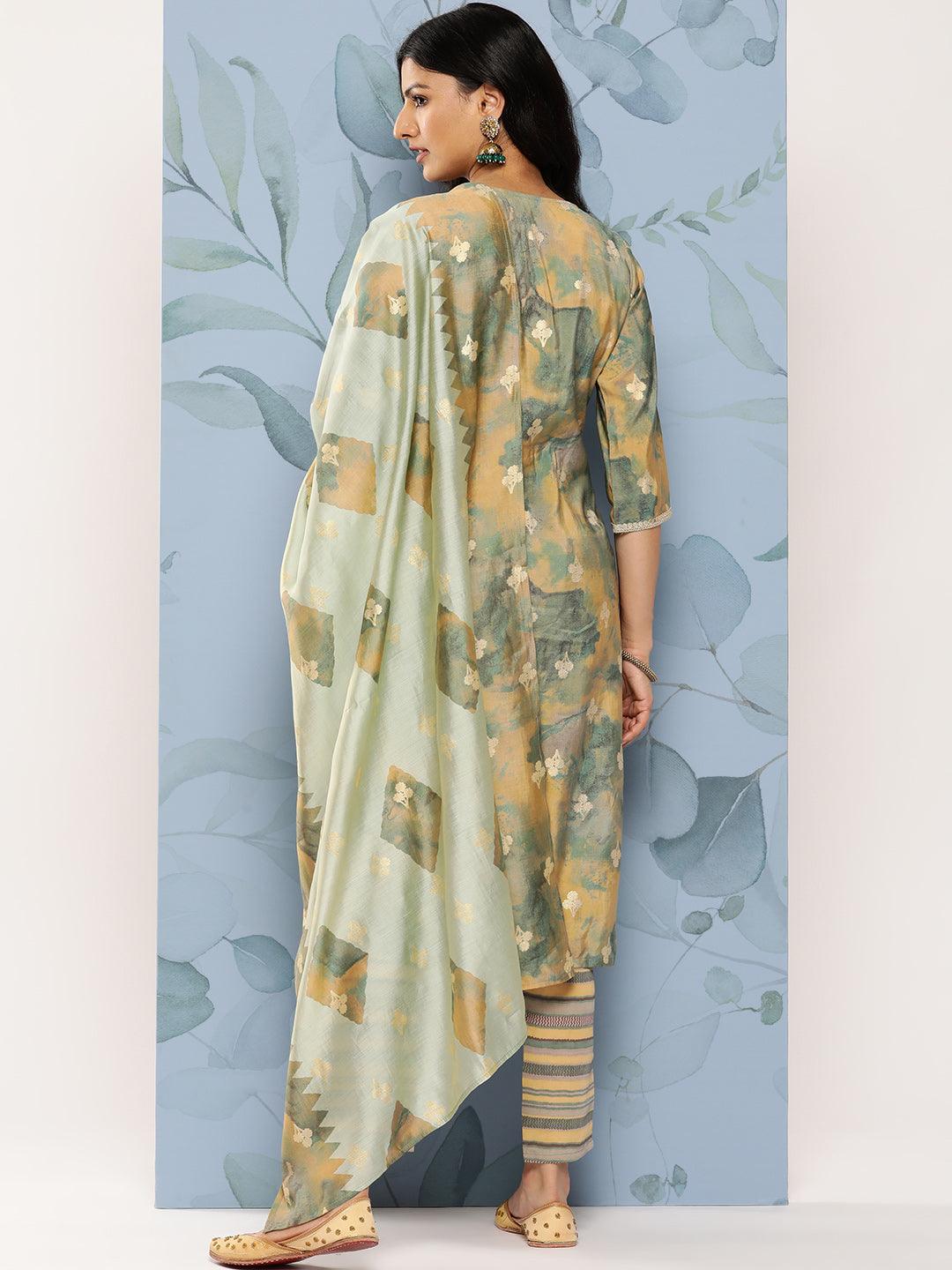 Green Yoke Design Silk Blend Straight Suit Set With Trousers - Libas