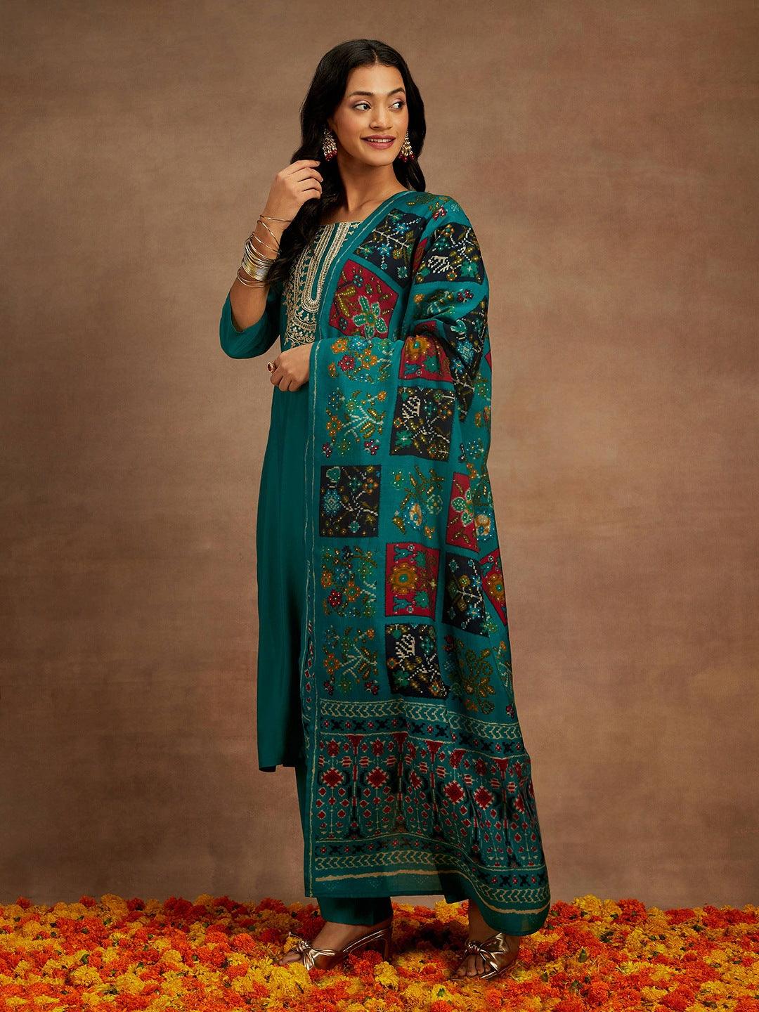 Green Yoke Design Silk Blend Straight Kurta With Trousers & Dupatta - Libas