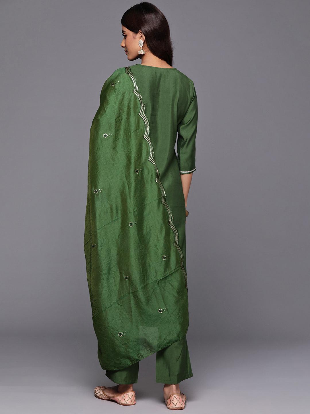 Green Yoke Design Silk Blend Straight Kurta With Trousers & Dupatta - Libas 