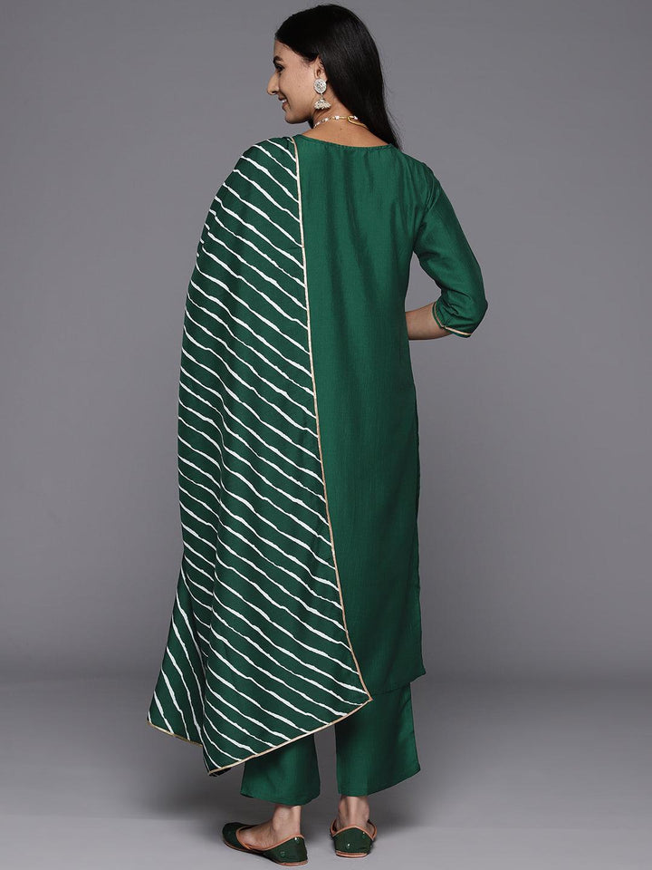 Green Yoke Design Silk Blend Straight Kurta With Trousers & Dupatta - Libas