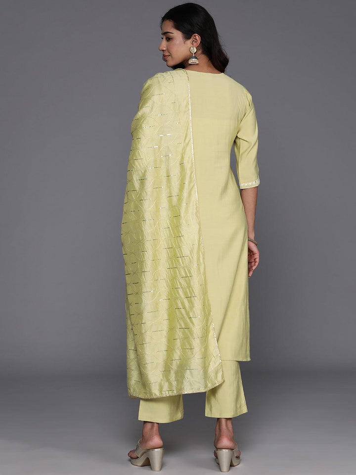 Green Yoke Design Silk Blend Straight Kurta With Trousers & Dupatta - Libas