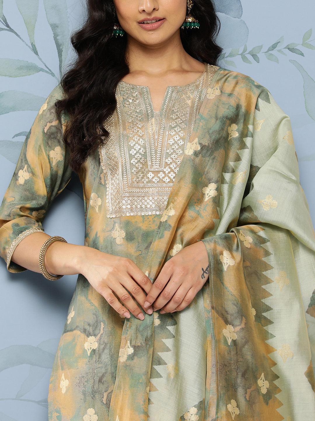 Green Yoke Design Silk Blend Straight Suit Set With Trousers - Libas