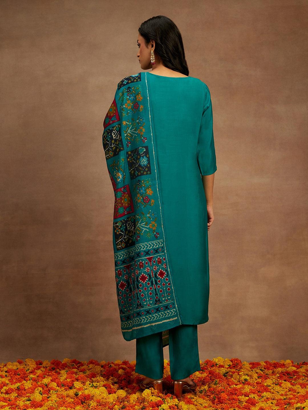 Green Yoke Design Silk Blend Straight Kurta With Trousers & Dupatta - Libas