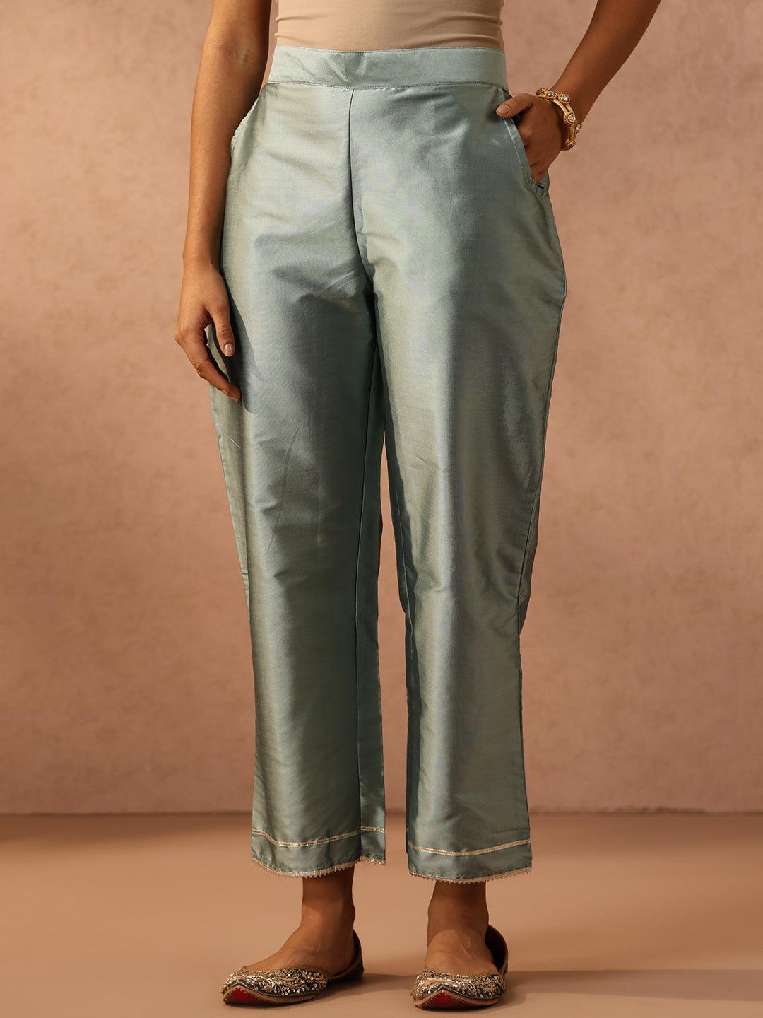 Green Yoke Design Silk Blend Straight Kurta With Trousers & Dupatta