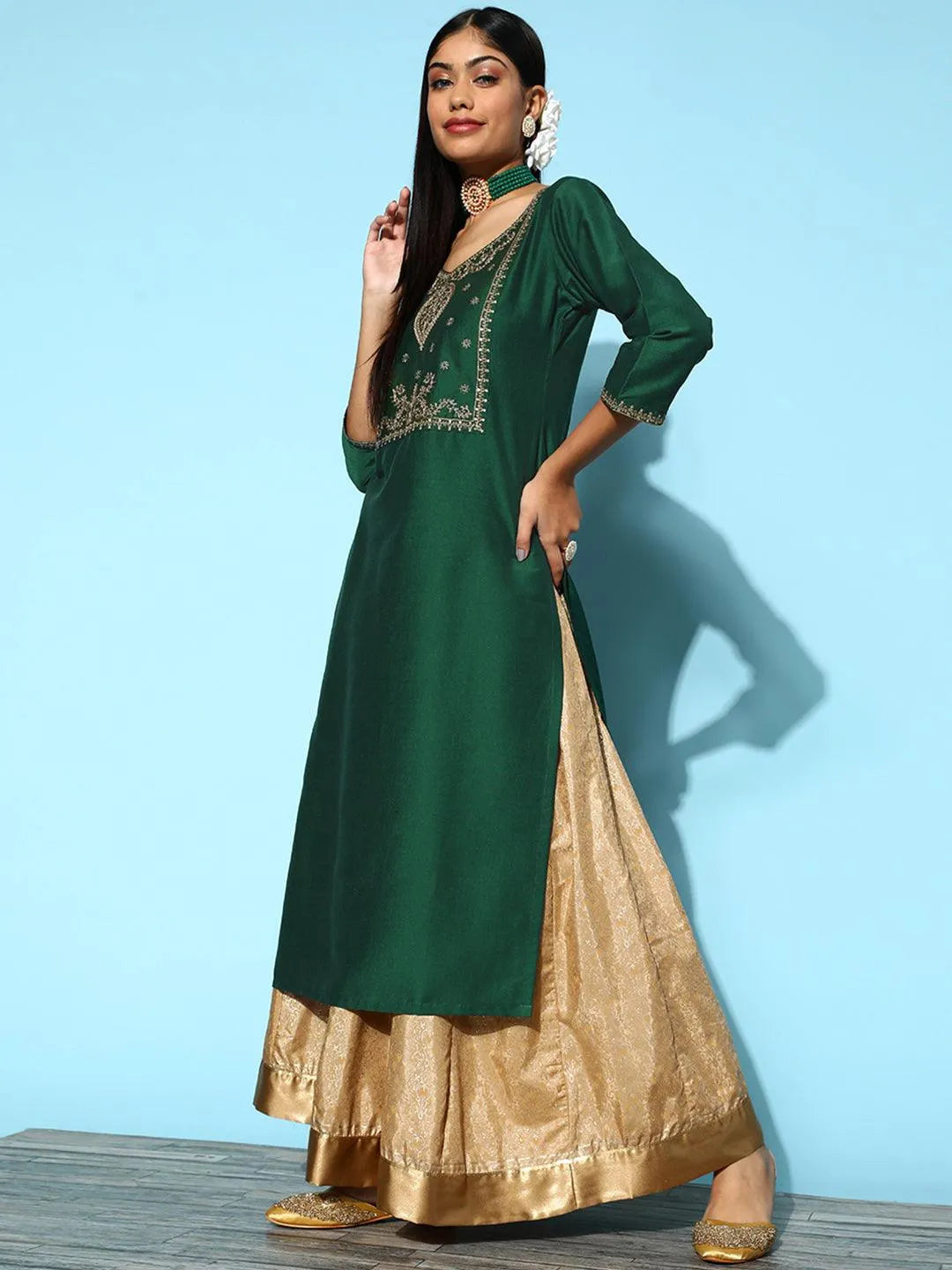 Green Yoke Design Silk Straight Kurta - Libas