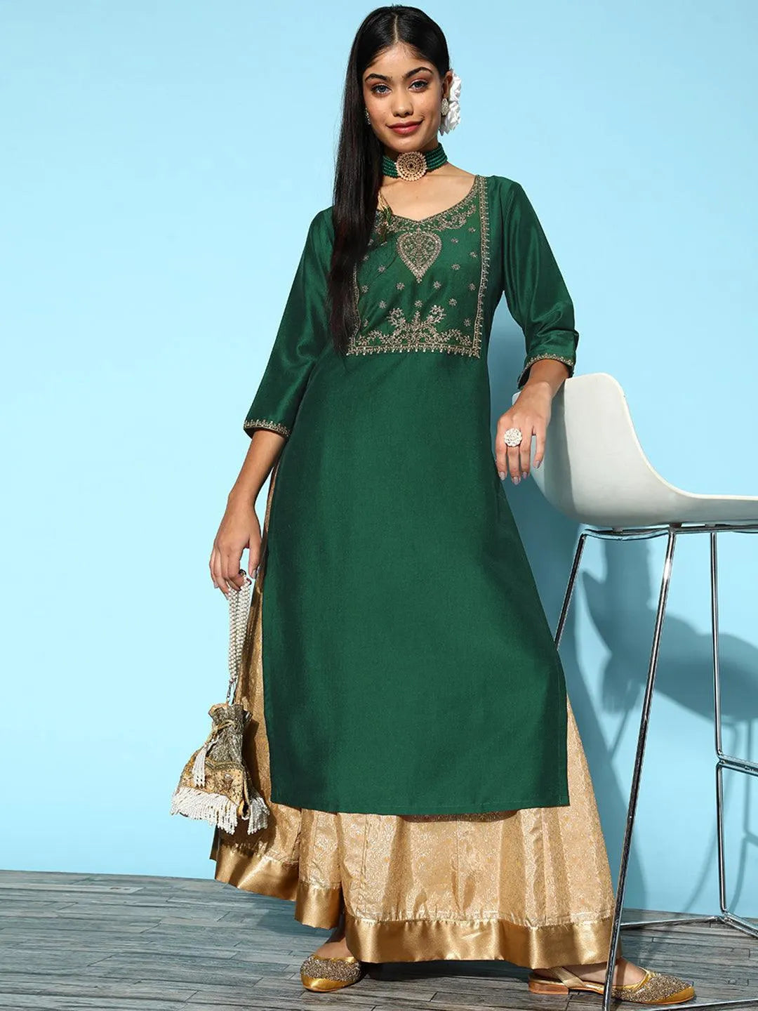 Green Yoke Design Silk Straight Kurta - Libas