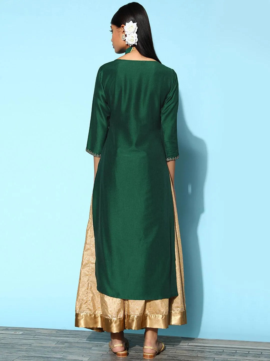 Green Yoke Design Silk Straight Kurta - Libas