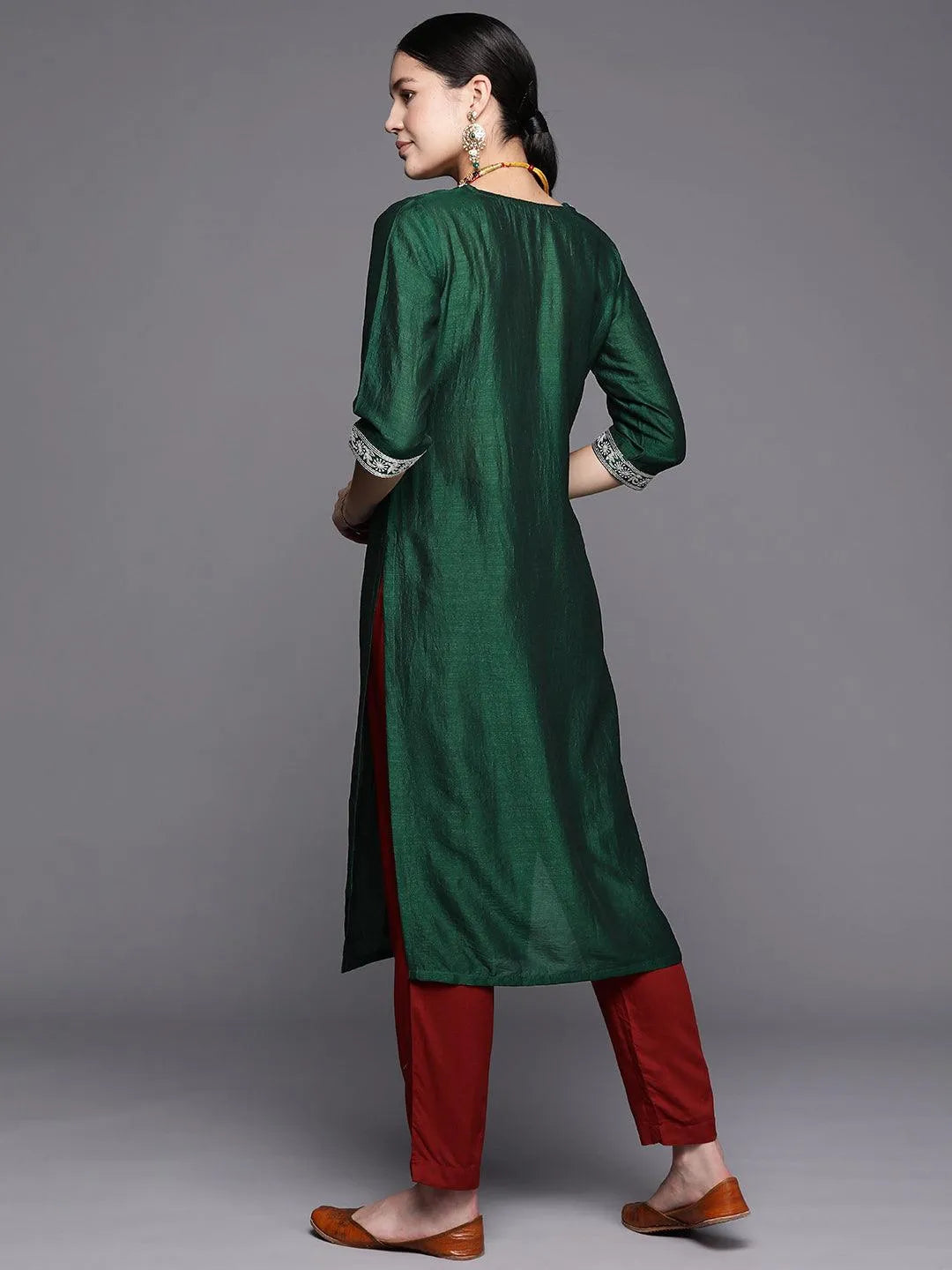 Green Yoke Design Silk Straight Kurta - Libas