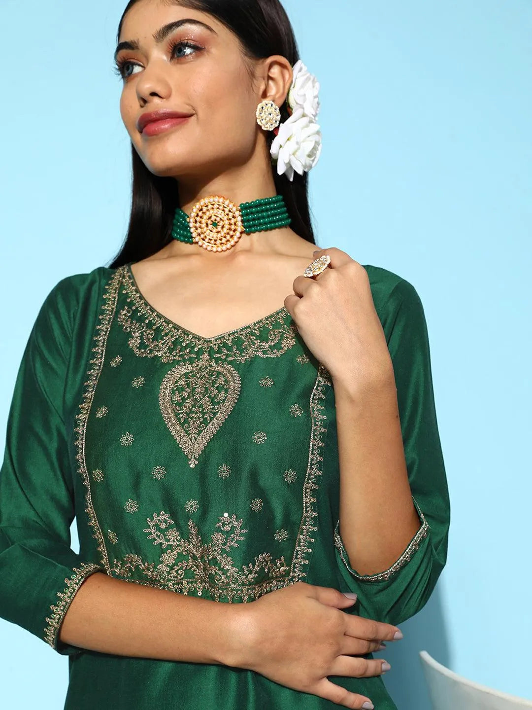 Green Yoke Design Silk Straight Kurta - Libas