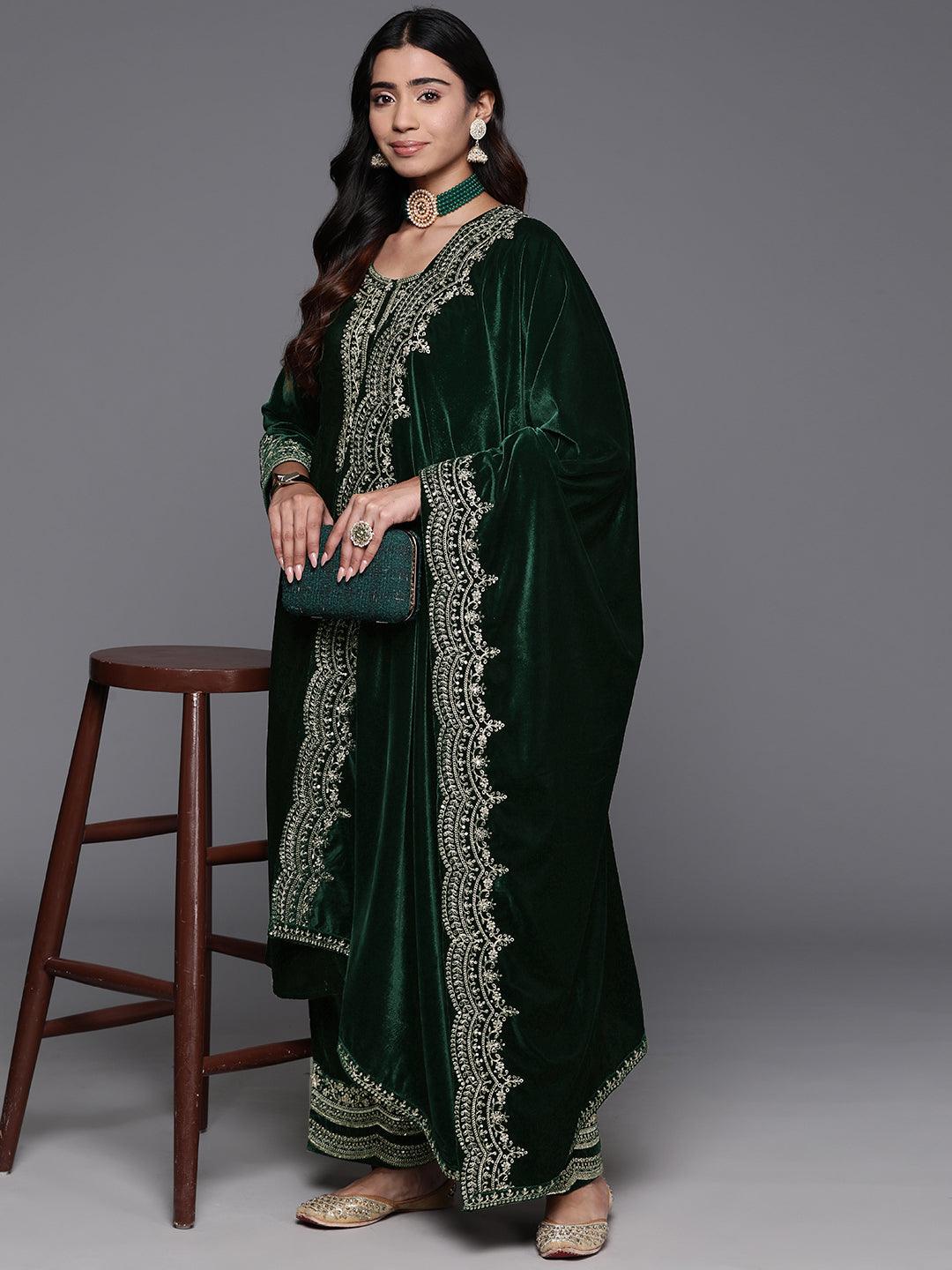 Green Yoke Design Velvet A-Line Kurta With Palazzos & Dupatta - Libas