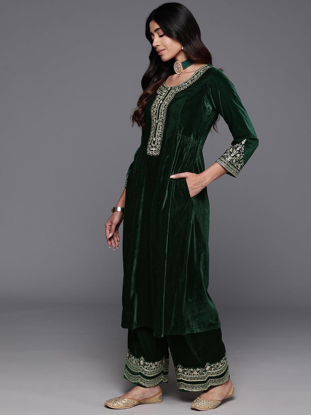 Green Yoke Design Velvet A-Line Kurta With Palazzos & Dupatta - Libas