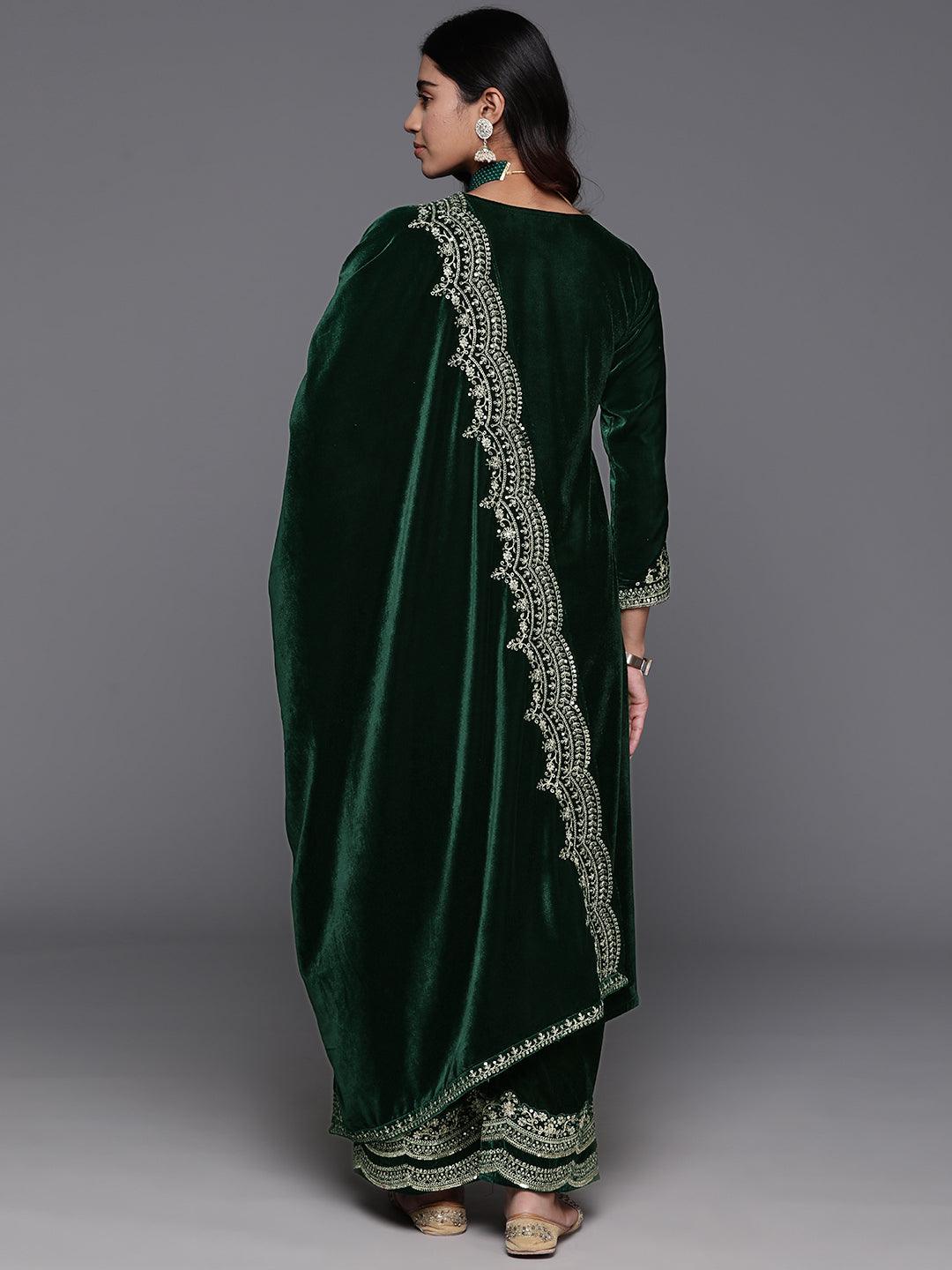 Green Yoke Design Velvet A-Line Kurta With Palazzos & Dupatta - Libas