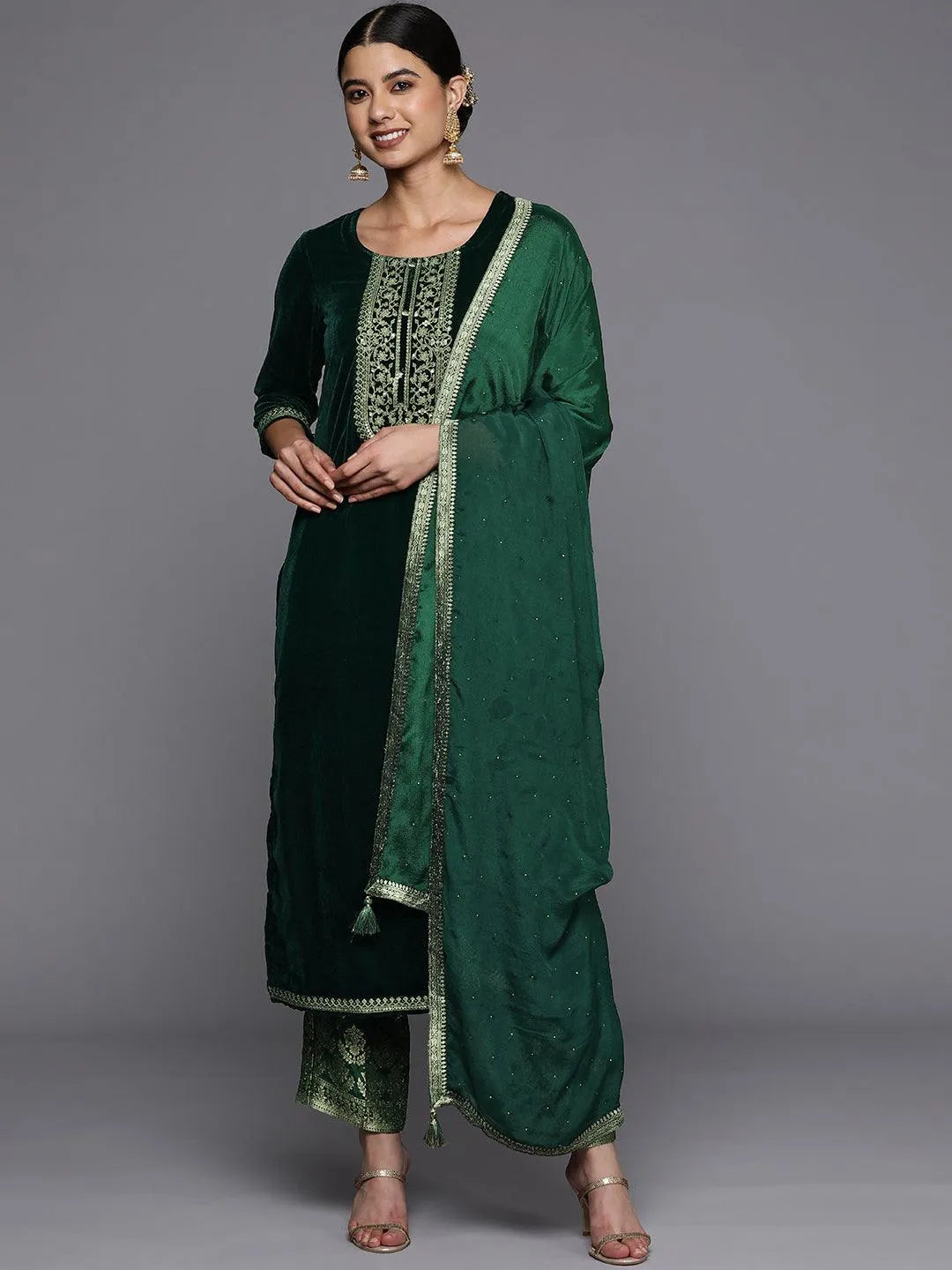 Green Yoke Design Velvet Straight Suit Set - Libas 