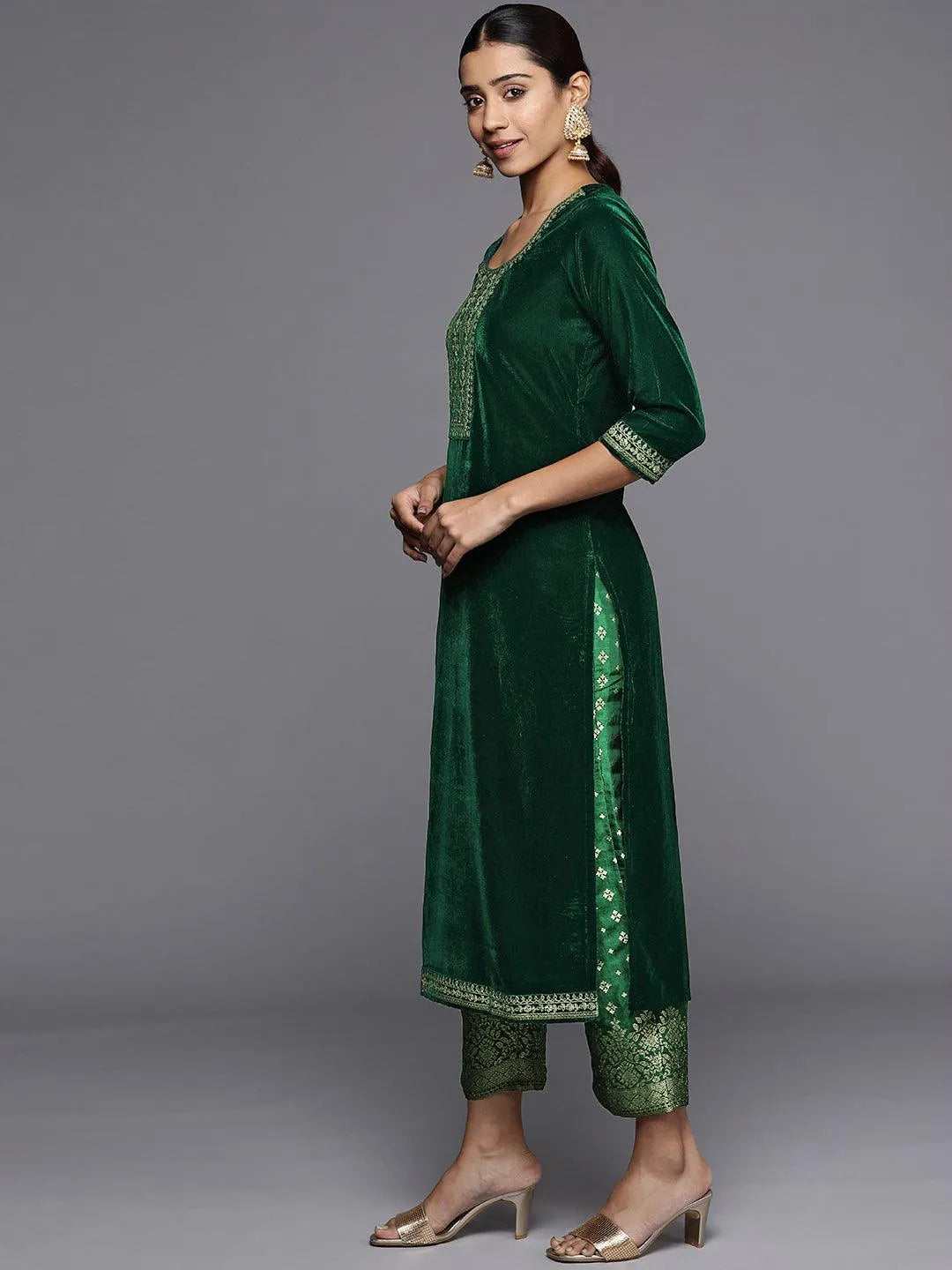 Green Yoke Design Velvet Straight Suit Set - Libas 