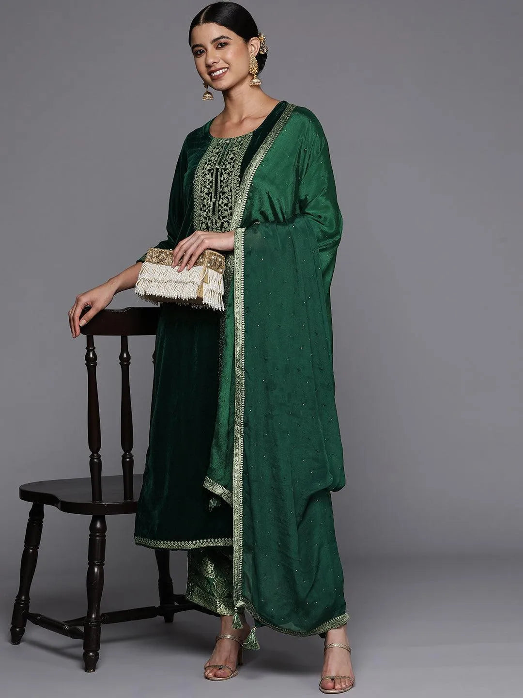 Green Yoke Design Velvet Straight Suit Set - Libas 