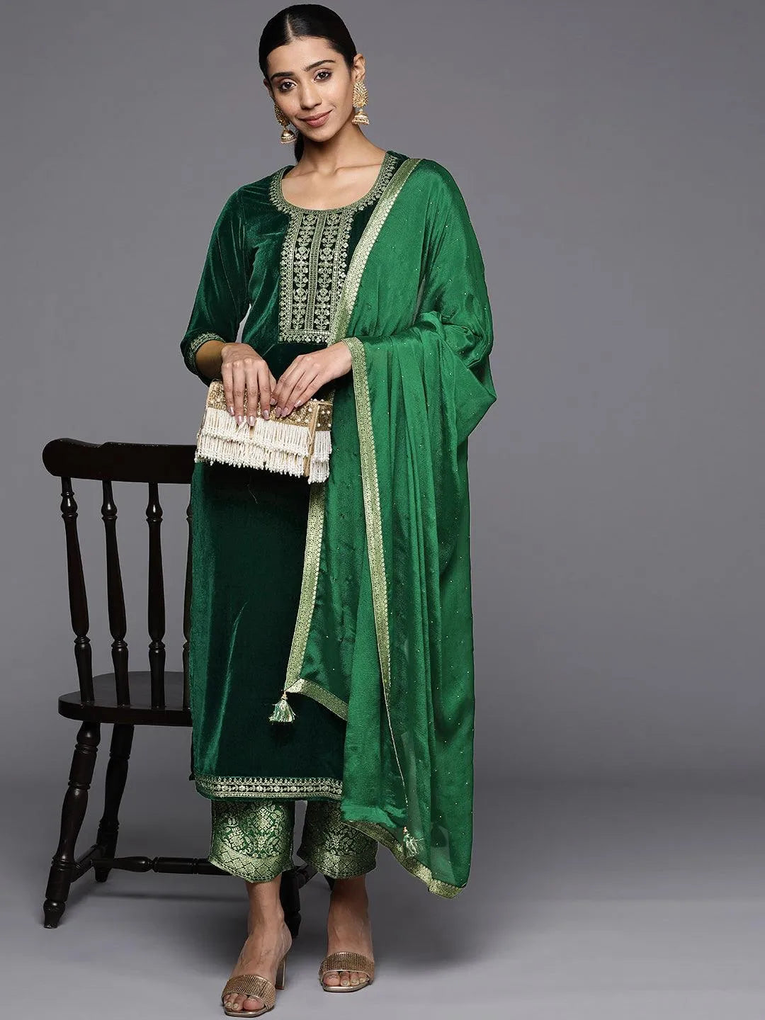 Green Yoke Design Velvet Straight Suit Set - Libas 