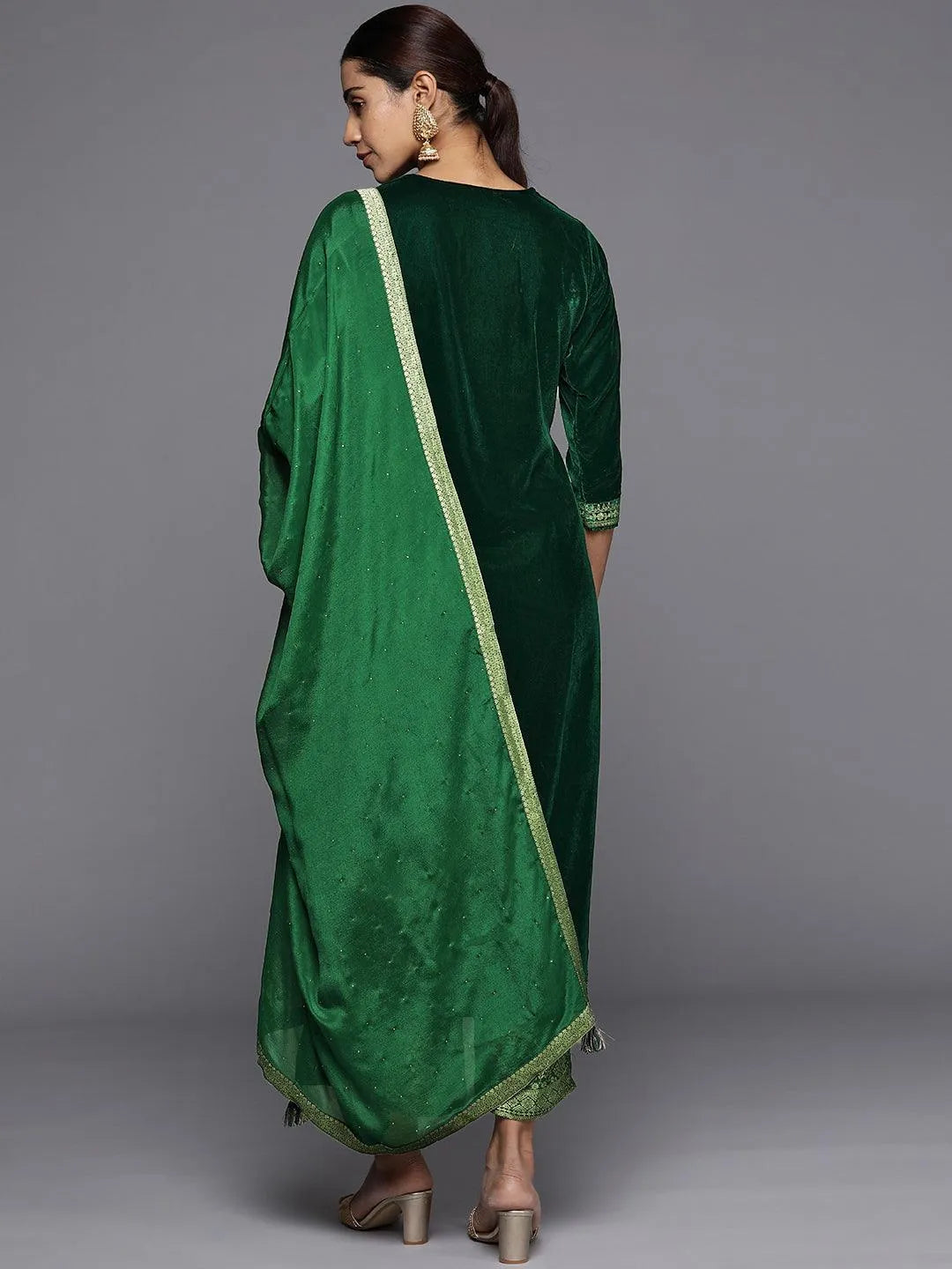 Green Yoke Design Velvet Straight Suit Set - Libas 